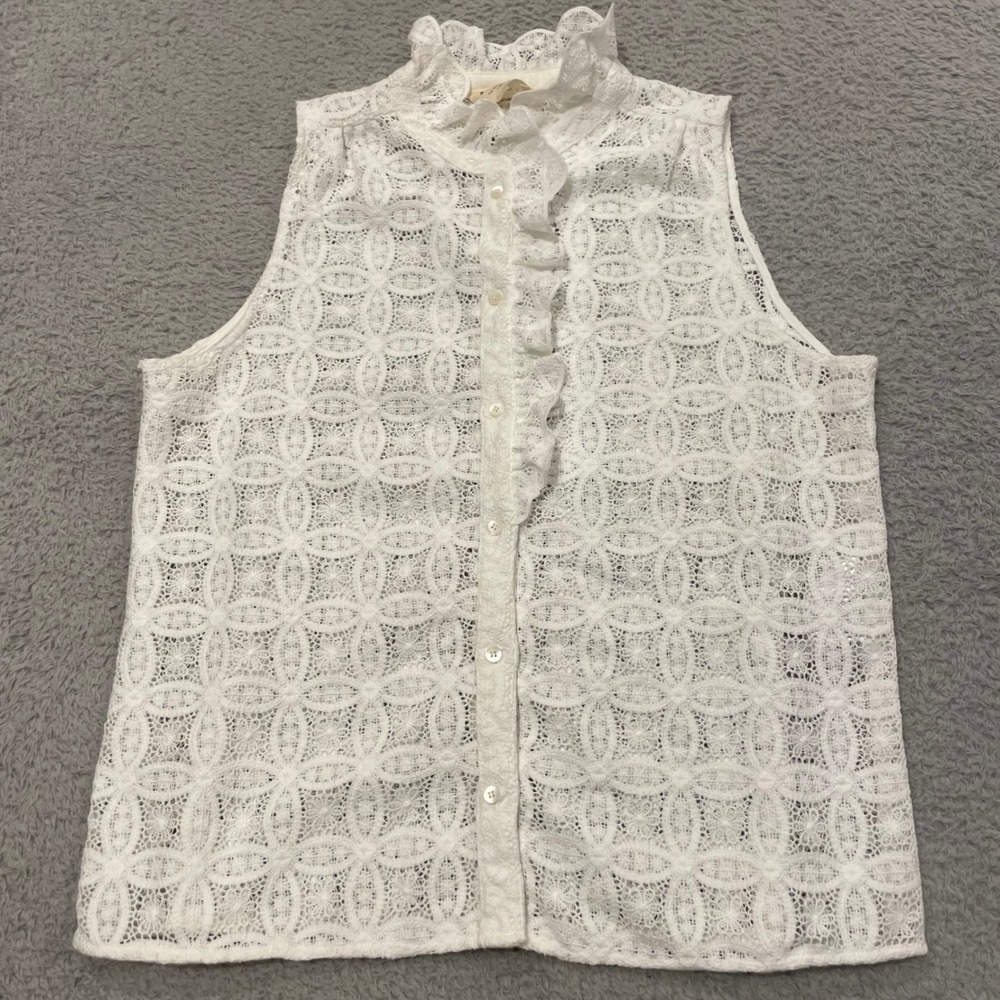 Sezane Celinda Shirt Womens 42 (US 10) White Ecru Guipure Eyelet Ruffle Lace